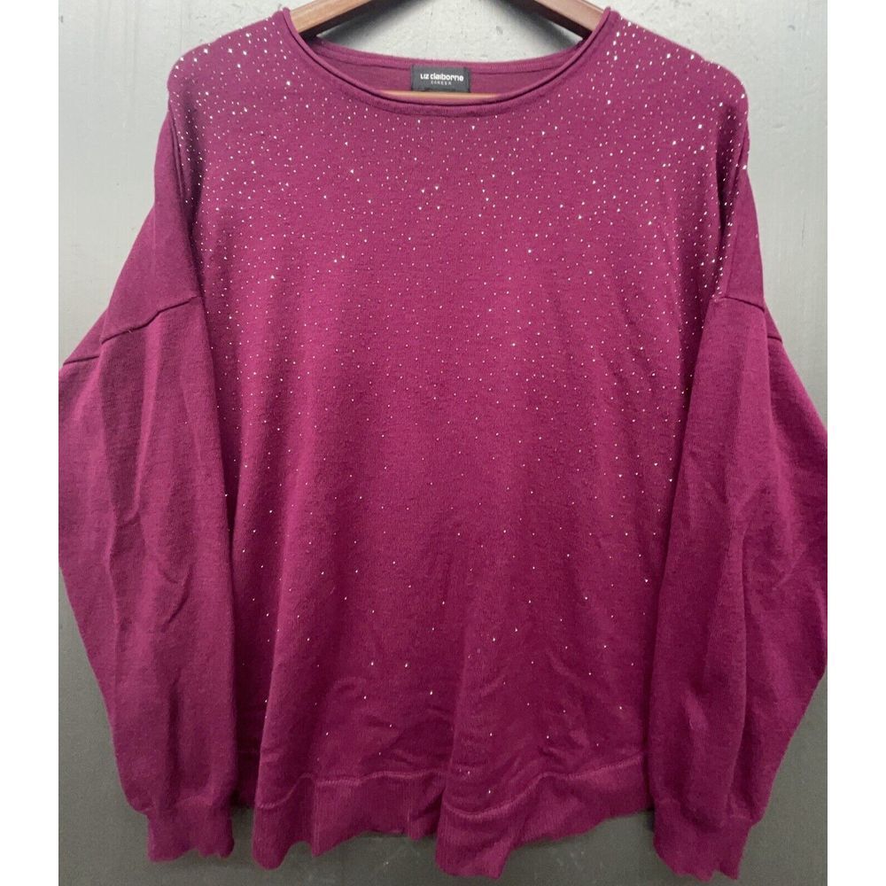 Liz Claiborne Career Sweater Women XL Burgundy Pullover Sparkles Soft Comfort